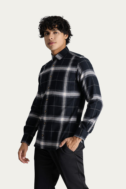 Siyah Uzun Kol Slim Fit Dar Kesim Ekose Oduncu Pamuk Gömlek