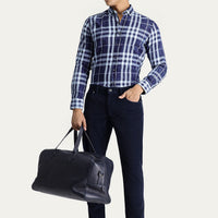 Dark Navy Long Sleeve Slim Fit Narrow Cut Plaid Cotton Button-Down Collar Shirt