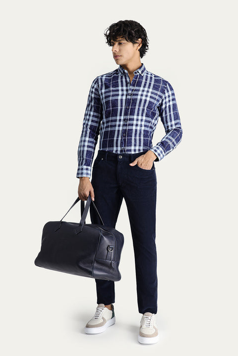 Dark Navy Long Sleeve Slim Fit Narrow Cut Plaid Cotton Button-Down Collar Shirt