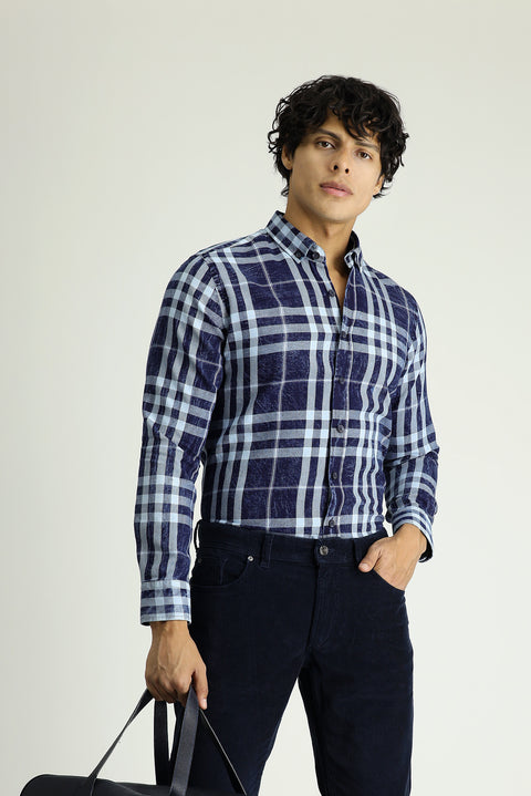 Dark Navy Long Sleeve Slim Fit Narrow Cut Plaid Cotton Button-Down Collar Shirt