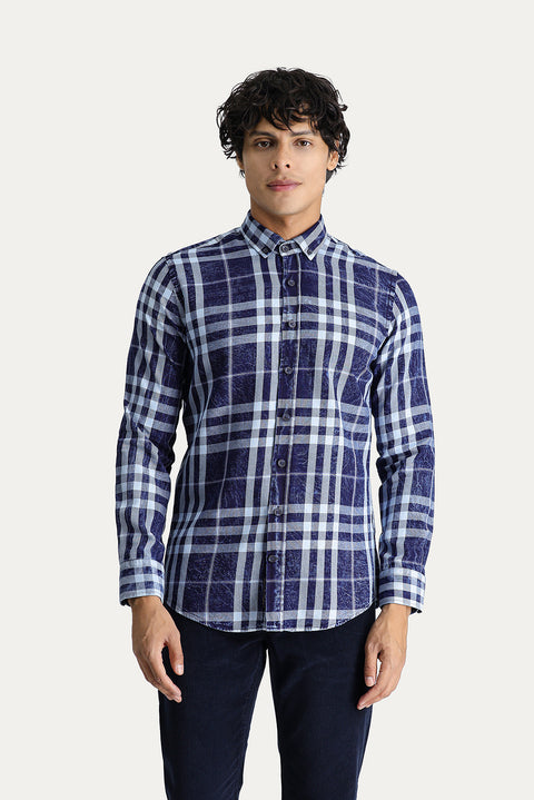 Dark Navy Long Sleeve Slim Fit Narrow Cut Plaid Cotton Button-Down Collar Shirt