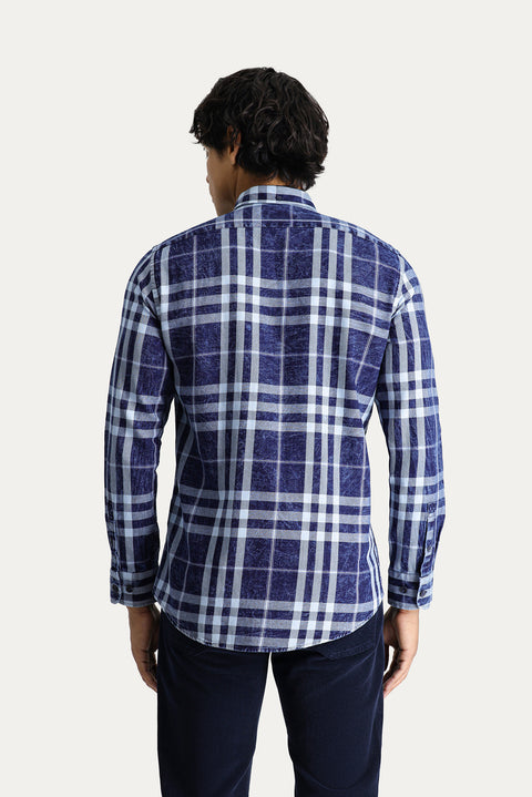 Dark Navy Long Sleeve Slim Fit Narrow Cut Plaid Cotton Button-Down Collar Shirt