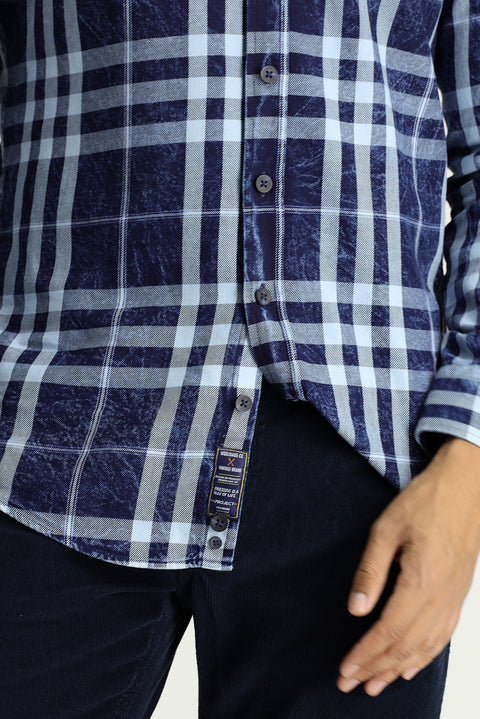 Dark Navy Long Sleeve Slim Fit Narrow Cut Plaid Cotton Button-Down Collar Shirt