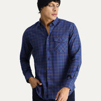 Dark Navy Long Sleeve Slim Fit Narrow Cut Plaid Lumberjack Sport Cotton Button-Down Collar Shirt