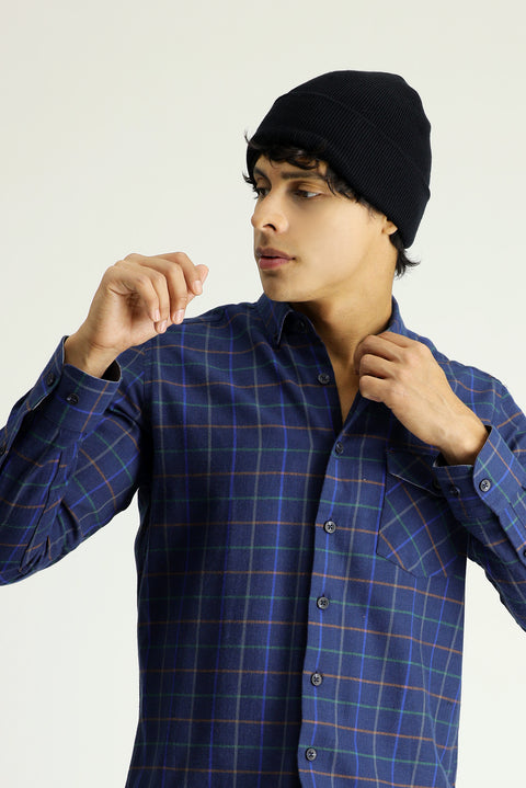 Dark Navy Long Sleeve Slim Fit Narrow Cut Plaid Lumberjack Sport Cotton Button-Down Collar Shirt