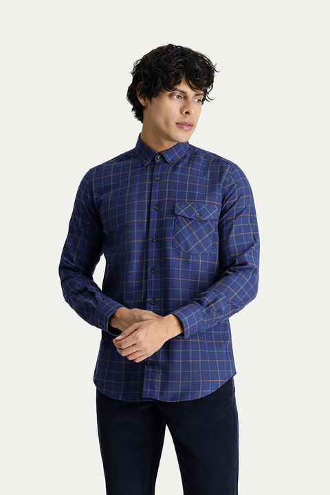 Dark Navy Long Sleeve Slim Fit Narrow Cut Plaid Lumberjack Sport Cotton Button-Down Collar Shirt