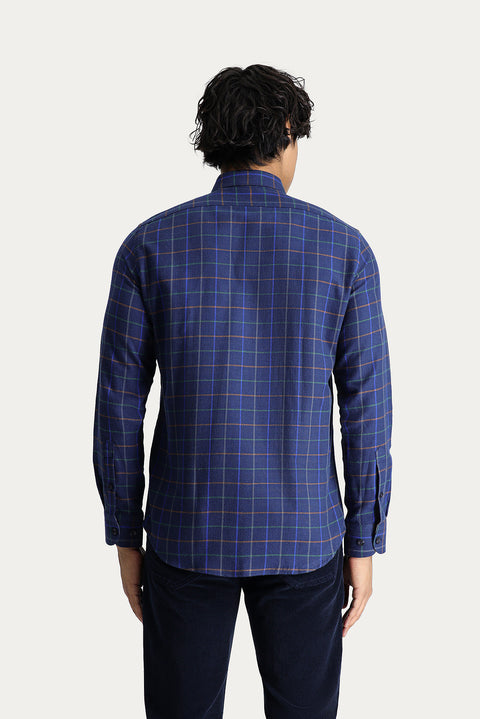 Dark Navy Long Sleeve Slim Fit Narrow Cut Plaid Lumberjack Sport Cotton Button-Down Collar Shirt