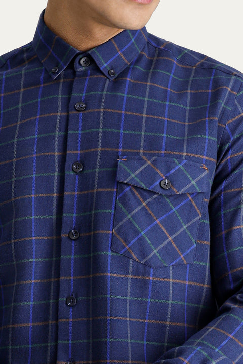 Dark Navy Long Sleeve Slim Fit Narrow Cut Plaid Lumberjack Sport Cotton Button-Down Collar Shirt