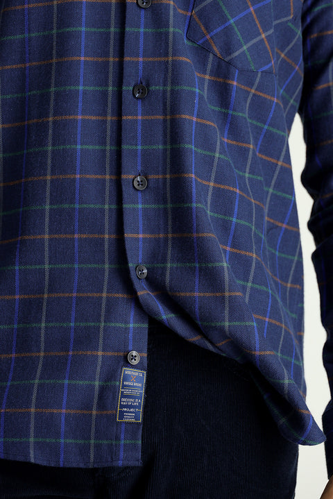 Dark Navy Long Sleeve Slim Fit Narrow Cut Plaid Lumberjack Sport Cotton Button-Down Collar Shirt