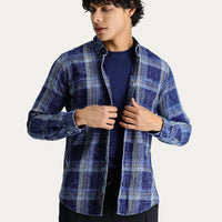 Dark Navy Long Sleeve Slim Fit Narrow Cut Plaid Cotton Sport Shirt
