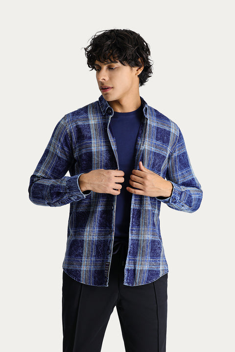 Dark Navy Long Sleeve Slim Fit Narrow Cut Plaid Cotton Sport Shirt