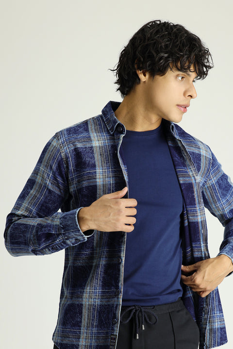 Dark Navy Long Sleeve Slim Fit Narrow Cut Plaid Cotton Sport Shirt
