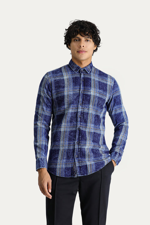 Dark Navy Long Sleeve Slim Fit Narrow Cut Plaid Cotton Sport Shirt