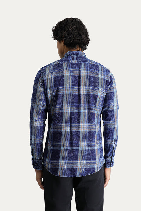 Dark Navy Long Sleeve Slim Fit Narrow Cut Plaid Cotton Sport Shirt