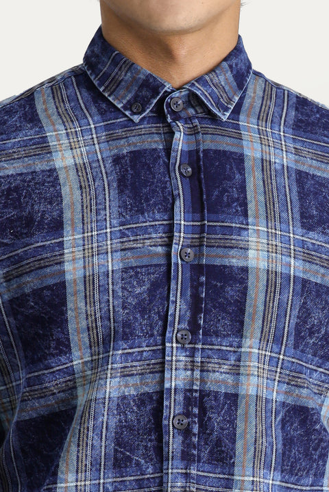 Dark Navy Long Sleeve Slim Fit Narrow Cut Plaid Cotton Sport Shirt