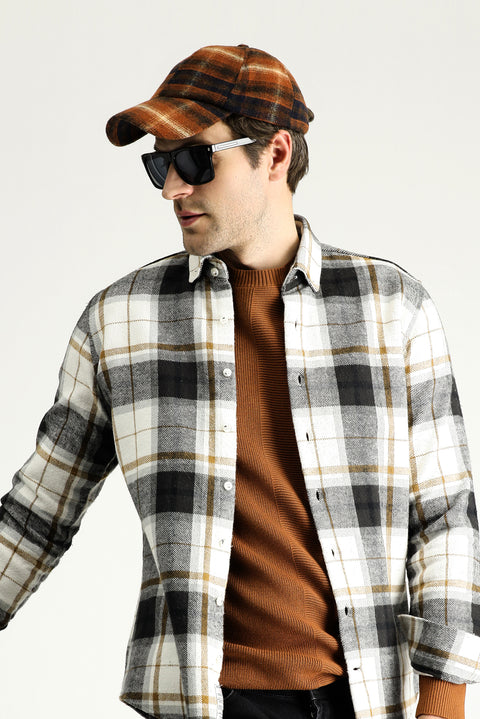 Off-White Long Sleeve Slim Fit Narrow Cut Lumberjack Plaid Cotton Shirt