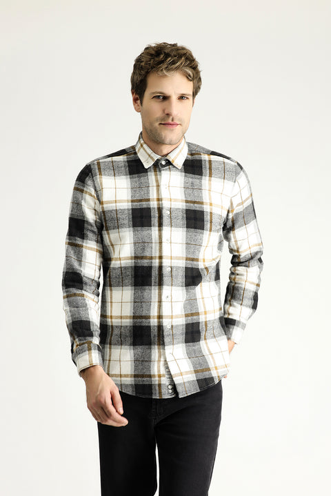 Off-White Long Sleeve Slim Fit Narrow Cut Lumberjack Plaid Cotton Shirt
