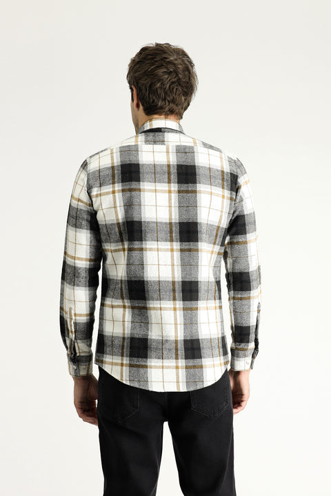 Off-White Long Sleeve Slim Fit Narrow Cut Lumberjack Plaid Cotton Shirt