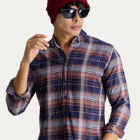 Medium Orange Long Sleeve Slim Fit Narrow Cut Plaid Sport Cotton Button-Down Collar Shirt
