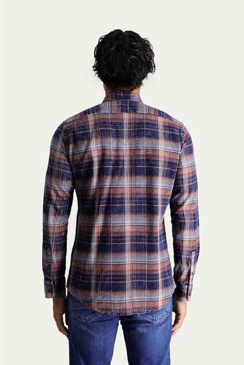 Medium Orange Long Sleeve Slim Fit Narrow Cut Plaid Sport Cotton Button-Down Collar Shirt