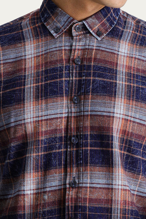 Medium Orange Long Sleeve Slim Fit Narrow Cut Plaid Sport Cotton Button-Down Collar Shirt