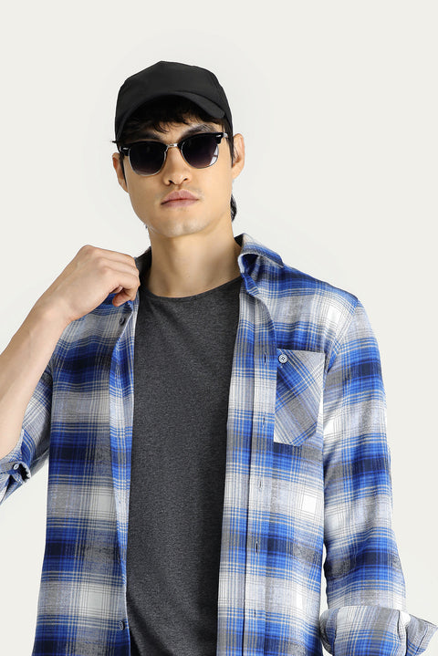 İndigo Uzun Kol Slim Fit Dar Kesim Ekose Oduncu Pamuk Gömlek