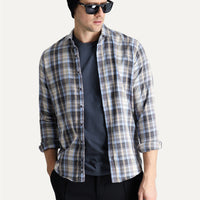 Light Grey Long Sleeve Slim Fit Narrow Cut Plaid Lumberjack Cotton Easy Iron Shirt