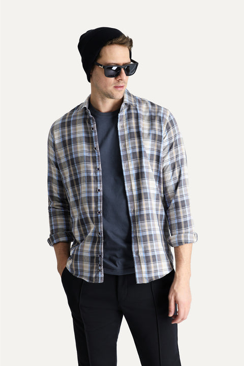 Light Grey Long Sleeve Slim Fit Narrow Cut Plaid Lumberjack Cotton Easy Iron Shirt
