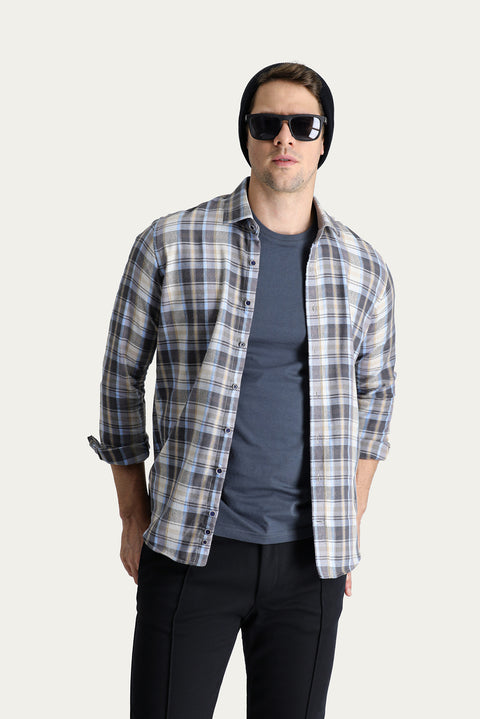 Light Grey Long Sleeve Slim Fit Narrow Cut Plaid Lumberjack Cotton Easy Iron Shirt