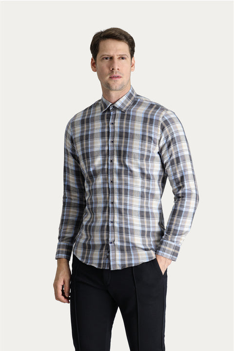Light Grey Long Sleeve Slim Fit Narrow Cut Plaid Lumberjack Cotton Easy Iron Shirt