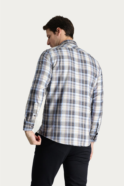 Light Grey Long Sleeve Slim Fit Narrow Cut Plaid Lumberjack Cotton Easy Iron Shirt