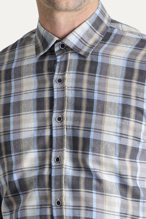 Light Grey Long Sleeve Slim Fit Narrow Cut Plaid Lumberjack Cotton Easy Iron Shirt