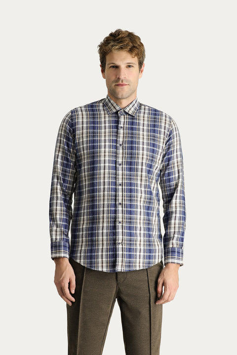 Medium Grey Long Sleeve Slim Fit Narrow Cut Plaid Lumberjack Cotton Easy Iron Shirt