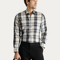 Dark Navy Long Sleeve Slim Fit Narrow Cut Plaid Lumberjack Cotton Easy-Iron Shirt