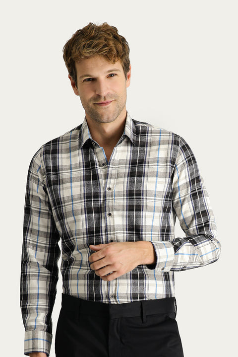 Dark Navy Long Sleeve Slim Fit Narrow Cut Plaid Lumberjack Cotton Easy-Iron Shirt