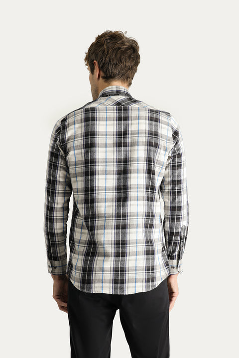 Dark Navy Long Sleeve Slim Fit Narrow Cut Plaid Lumberjack Cotton Easy-Iron Shirt