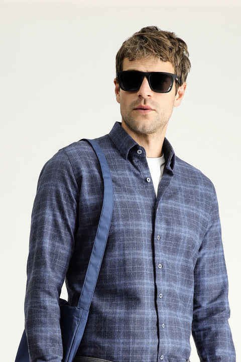 Aviator Blue Long Sleeve Slim Fit Narrow Cut Lumberjack Plaid Cotton Easy-Iron Shirt
