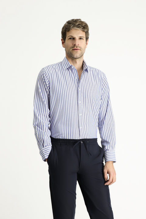 Blue Long Sleeve Regular Fit Striped Cotton Shirt
