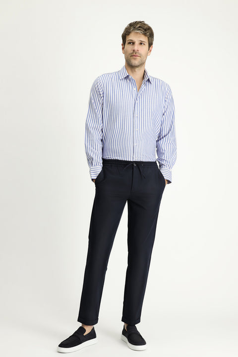 Blue Long Sleeve Regular Fit Striped Cotton Shirt
