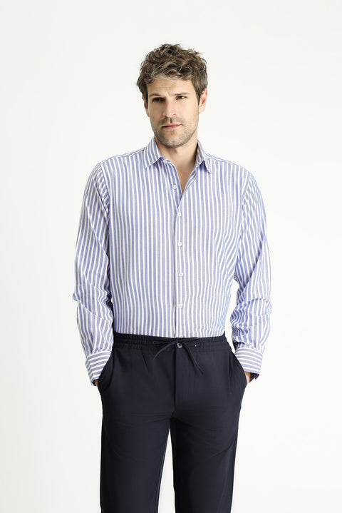 Blue Long Sleeve Regular Fit Striped Cotton Shirt