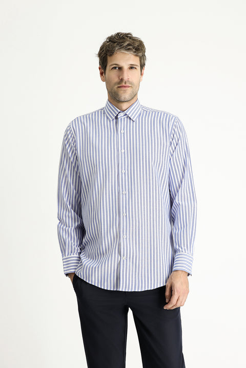 Blue Long Sleeve Regular Fit Striped Cotton Shirt