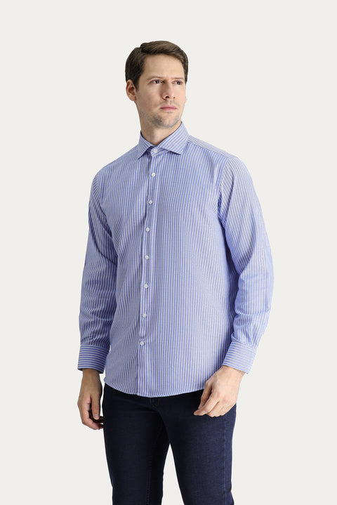Blue Long Sleeve Regular Fit Striped Cotton Shirt