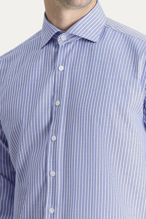 Blue Long Sleeve Regular Fit Striped Cotton Shirt
