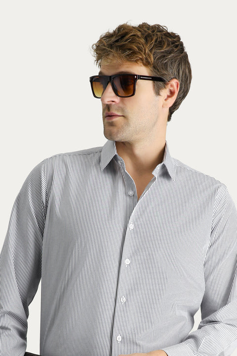 Dark Navy Long Sleeve Regular Fit Striped Cotton Easy-Iron Shirt