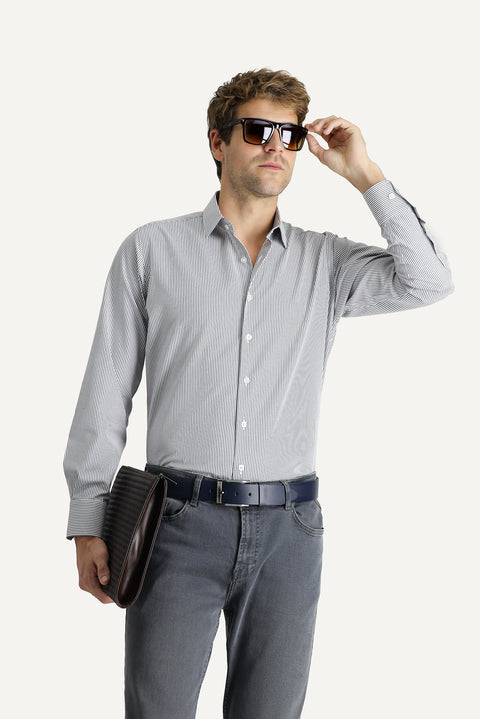 Dark Navy Long Sleeve Regular Fit Striped Cotton Easy-Iron Shirt