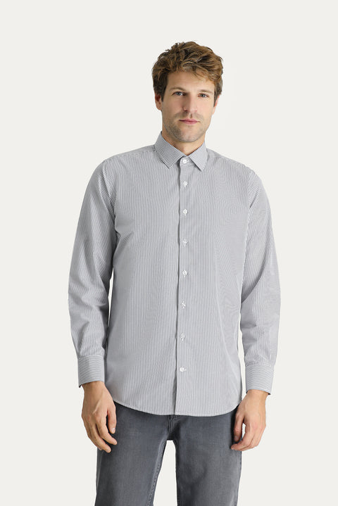 Dark Navy Long Sleeve Regular Fit Striped Cotton Easy-Iron Shirt