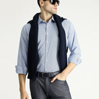 Light Blue Long Sleeve Regular Fit Striped Cotton Easy-Iron Shirt