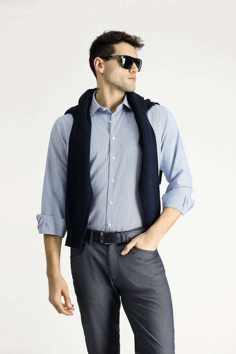 Light Blue Long Sleeve Regular Fit Striped Cotton Easy-Iron Shirt