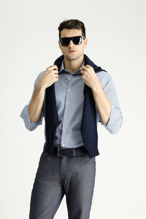 Light Blue Long Sleeve Regular Fit Striped Cotton Easy-Iron Shirt