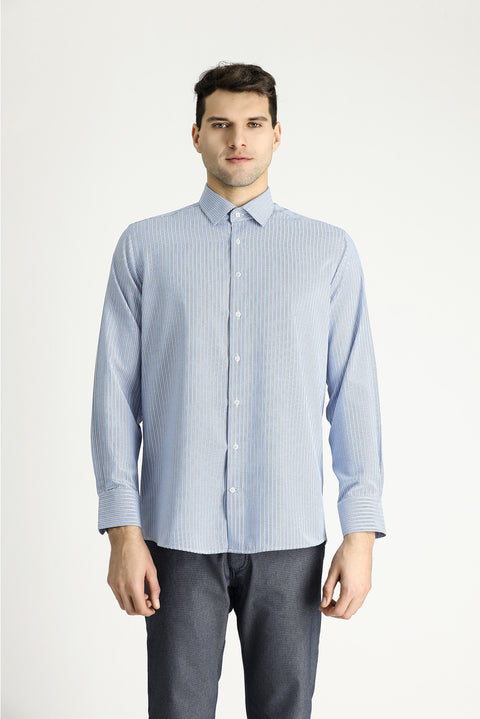 Light Blue Long Sleeve Regular Fit Striped Cotton Easy-Iron Shirt